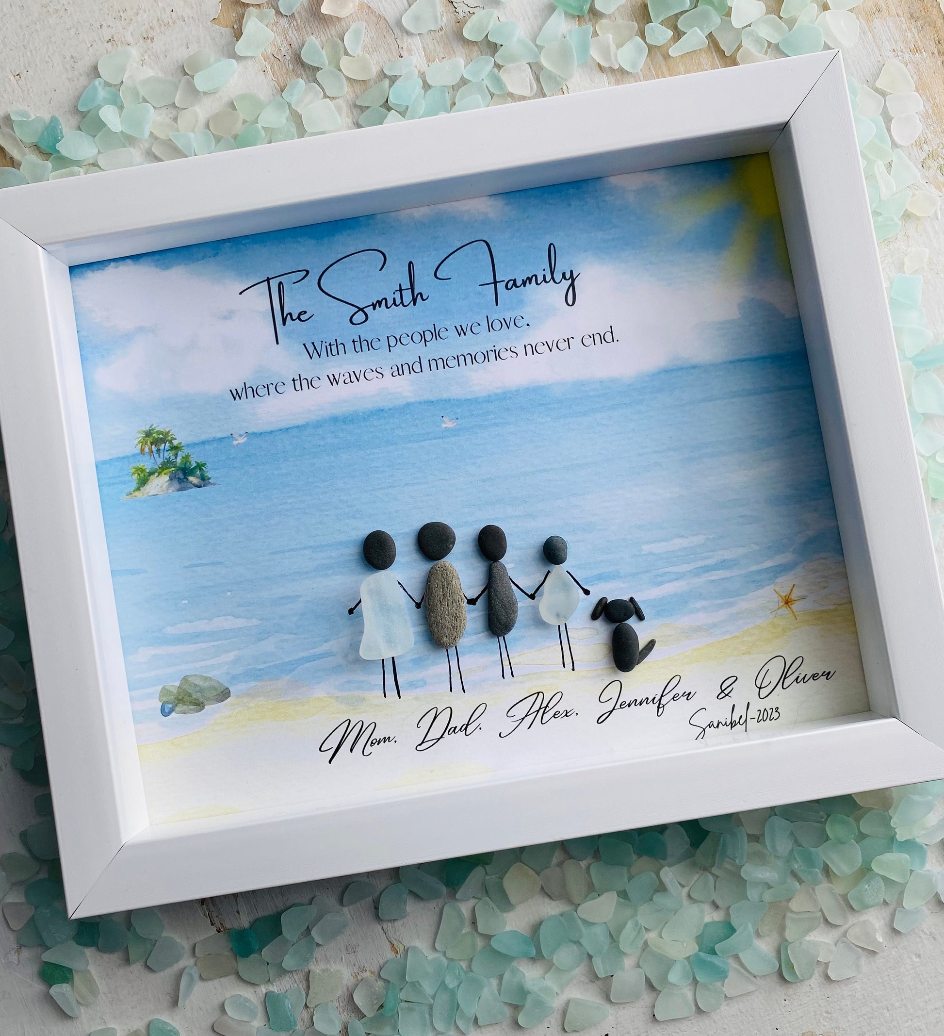 Framed artwork of a family with a dog on a beach, personalized with 'The Smith Family' and names.