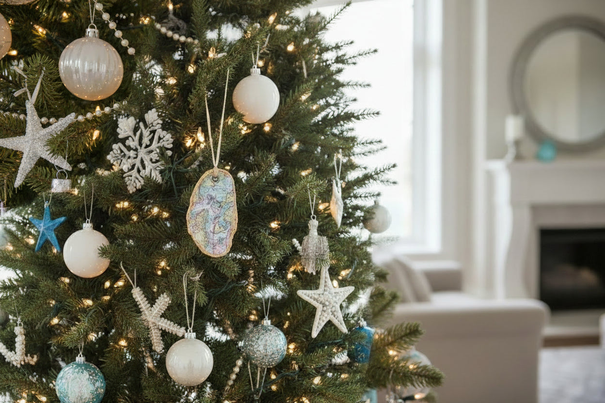 Decorated Christmas tree with assorted ornaments including Maine oyster ornament, stars, snowflakes, and spherical shapes.