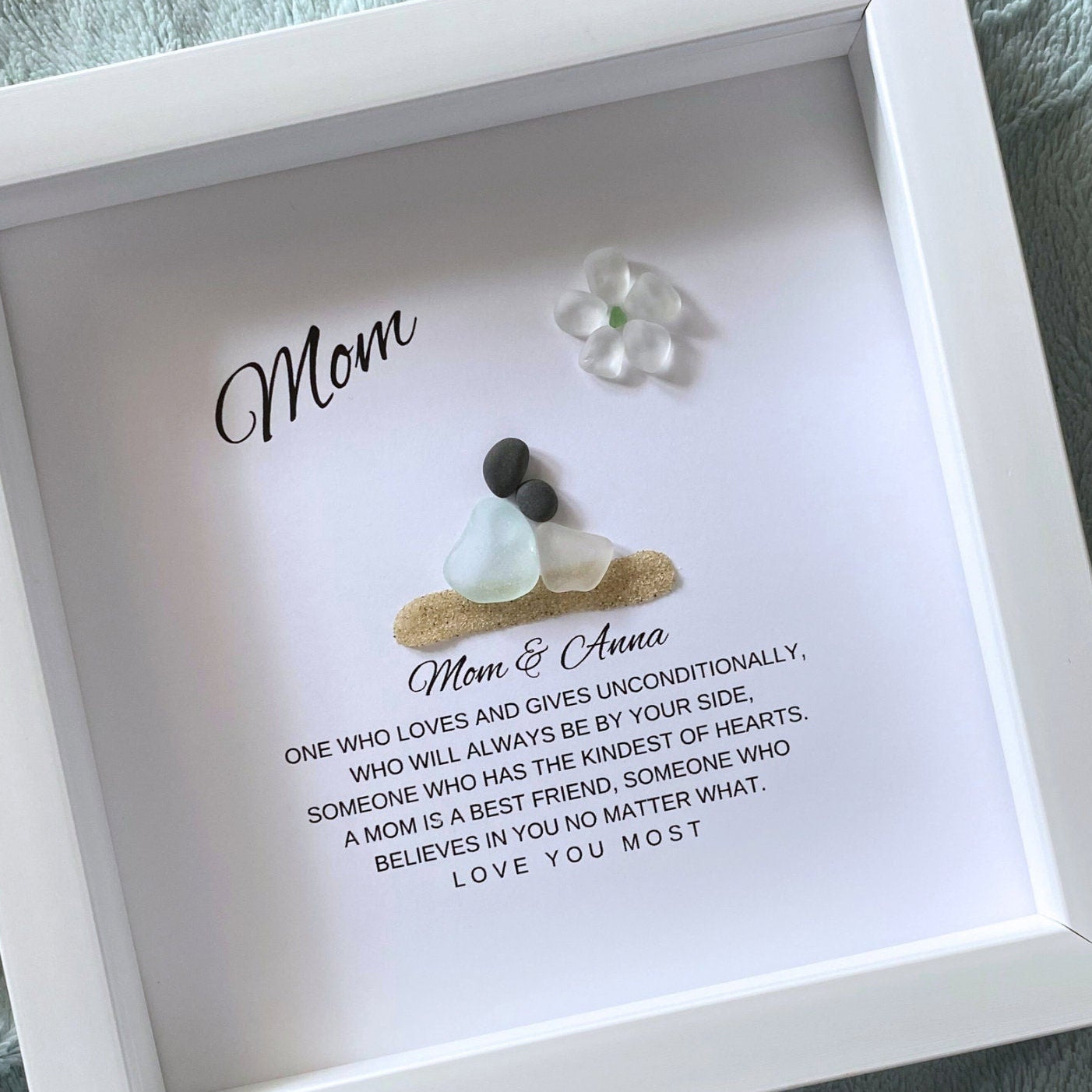 Personalized mother daughter sea glass art gift for Mom in a white shadowbox frame, featuring custom names and handmade coastal-inspired design
