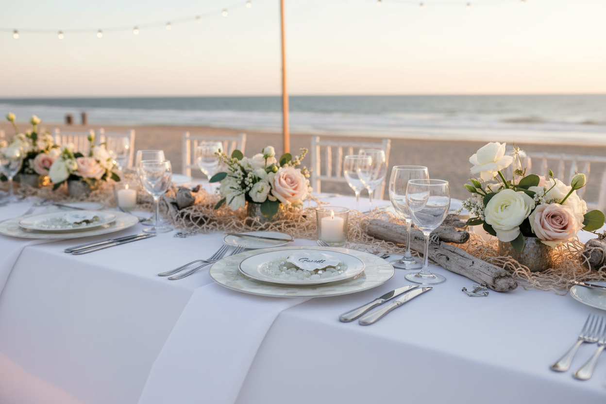 Natural Oyster Shell Place Cards on a table scape at the beach. 