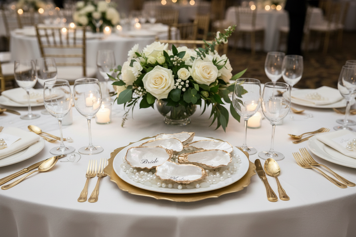 Luxury pearl-painted oyster shell place cards displayed on an elegant coastal wedding table with personalized guest names and neutral table décor