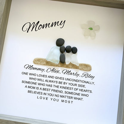 Mom and Daughter Sea glass figures with pebble heads sitting on sand with their names below and a little quote. On top it says "Mom" with a glass flower.