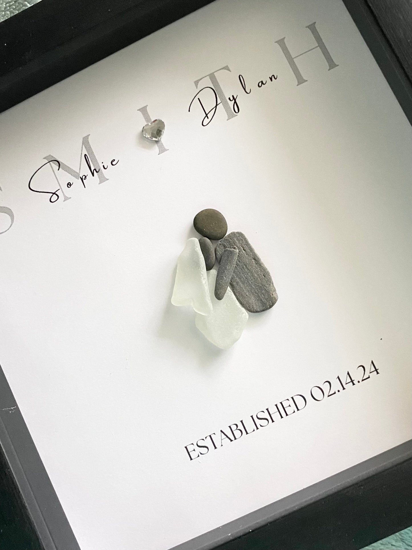 Personalized framed sea glass art for couples featuring bride and groom with names and wedding date in a 9x9 shadow box.