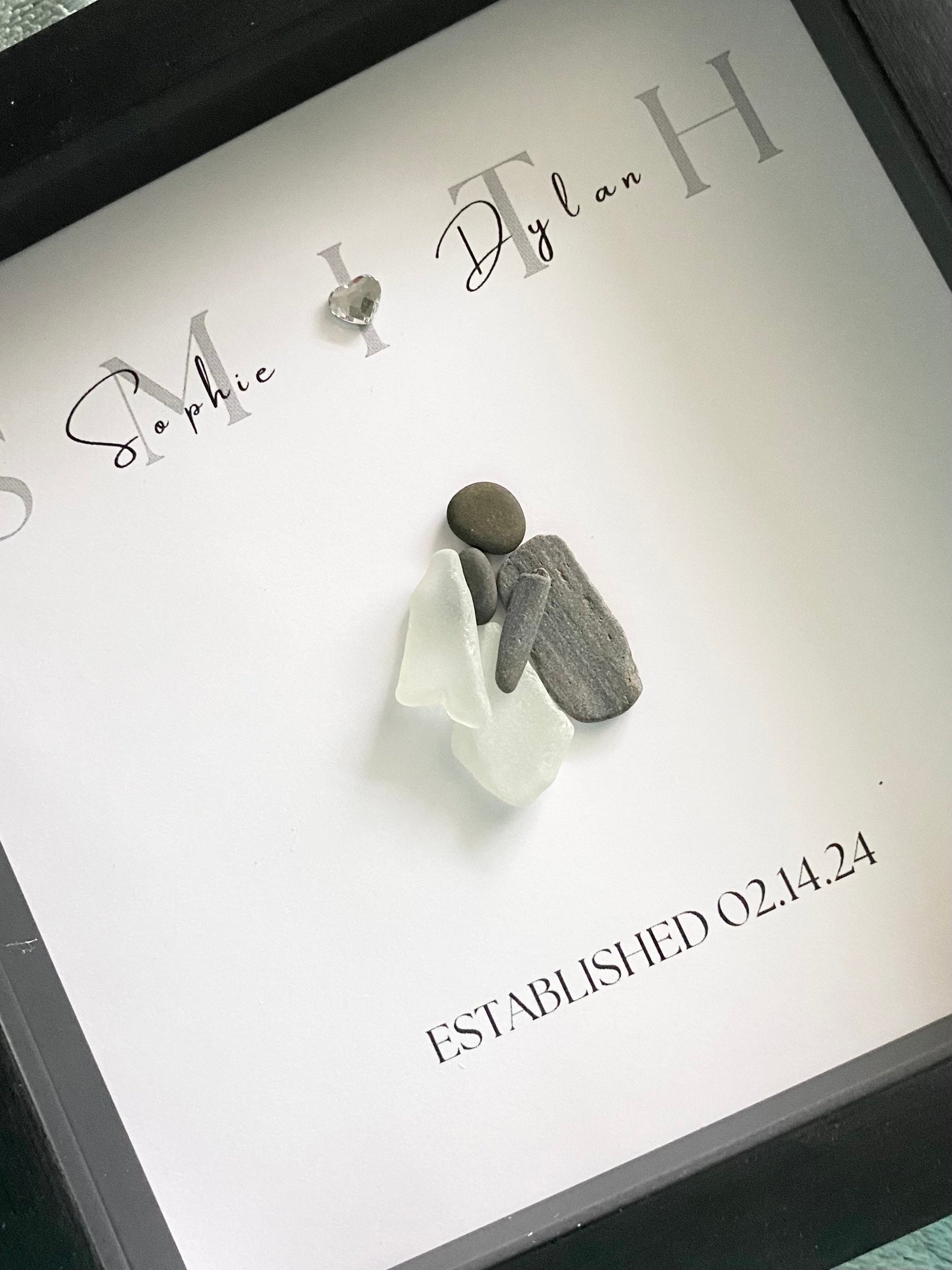 Personalized framed sea glass art for couples featuring bride and groom with names and wedding date in a 9x9 shadow box.