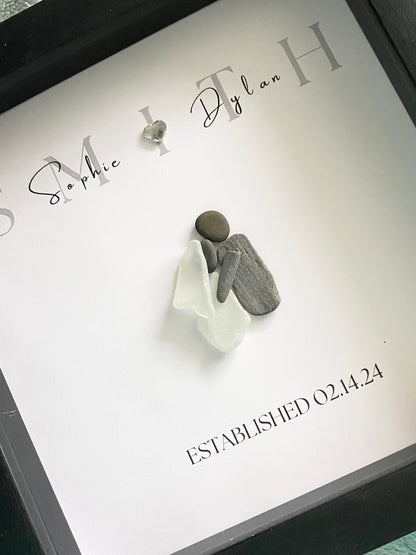 Personalized framed sea glass art for couples featuring bride and groom with names and wedding date in a 9x9 shadow box.