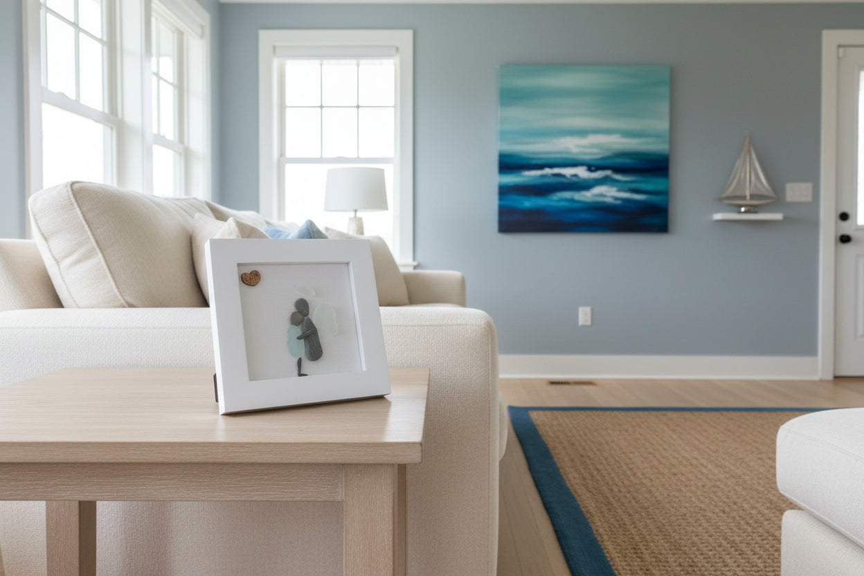 Living room with beige sofa, wooden coffee table, and wall art.